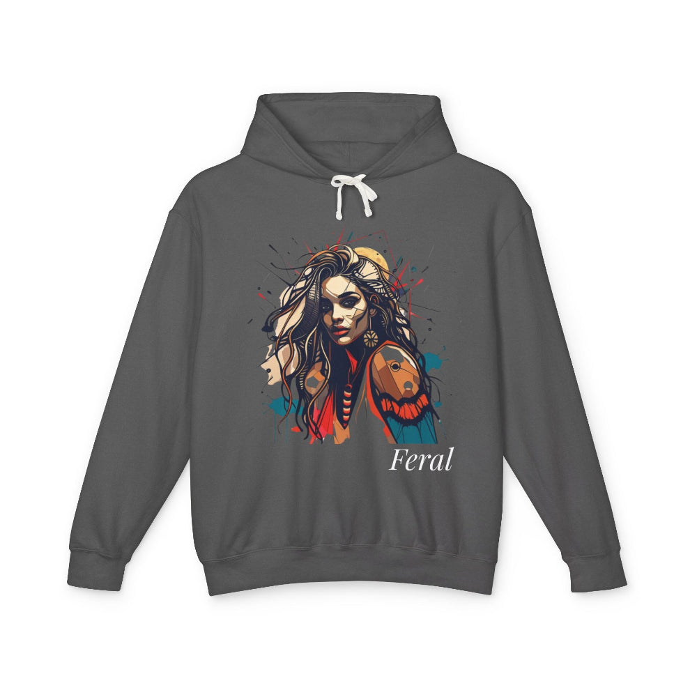 Gray hoodie with a colorful graphic of a woman and the word 'Feral' on a white background