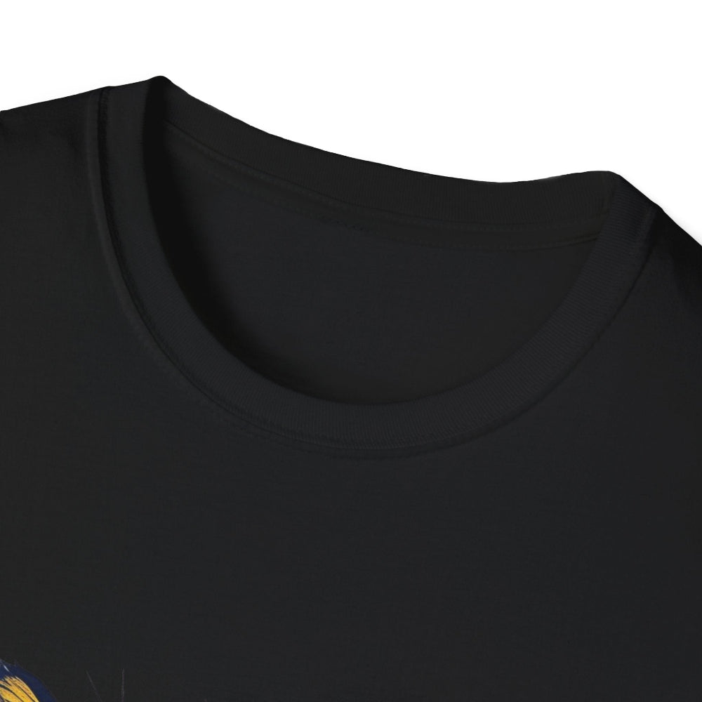 Close-up view of black unisex cotton crewneck t-shirt collar: soft ribbed neckline with clean stitching and comfortable fit. Premium quality durable crew neck construction detail on black graphic tee.
