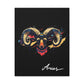 Close up of black canvas wall art print of colorful abstract Aries ram head with curved horns, intense eyes, geometric patterns, and cosmic splatters on dark background, featuring "Aries" in elegant white cursive.