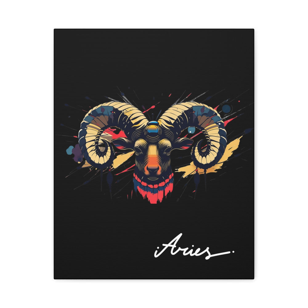 Close up of black canvas wall art print of colorful abstract Aries ram head with curved horns, intense eyes, geometric patterns, and cosmic splatters on dark background, featuring "Aries" in elegant white cursive.