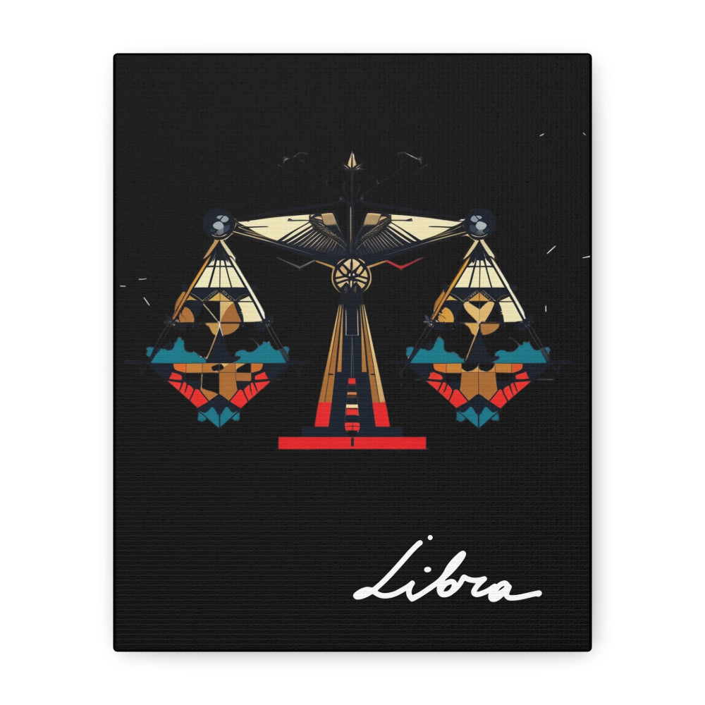 Close Up of black canvas wall art print of geometric Libra scales with intricate patterns and colorful accents on dark background, featuring "Libra" in elegant white cursive.