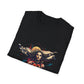 Black folded unisex cotton t-shirt featuring bold "Feral" graphic print: vibrant abstract portrait of a fierce woman with wild flowing hair, intense expression, tribal markings, colorful geometric accents, and dynamic paint splatters in red, orange, teal, blue, and gold tones bursting outward around an orange moon background. White elegant cursive "Feral" text below. Wild feminine energy motivational crewneck tee.