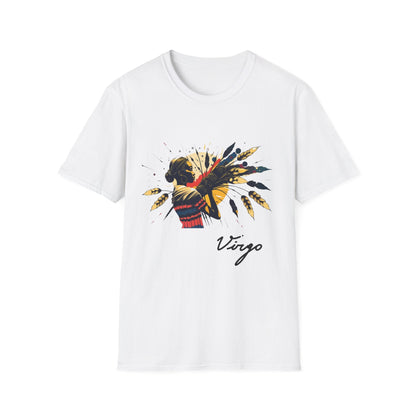White unisex cotton t-shirt featuring bold Virgo zodiac graphic: vibrant abstract woman holding wheat sheaf, serene expression, flowing hair with headscarf, detailed feathers, geometric accents, and dynamic multicolored paint splatters in gold, red, navy, teal, and black tones bursting outward. Elegant black cursive "Virgo" text below. Astrology zodiac motivational crewneck tee.