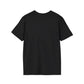 Black unisex cotton crewneck t-shirt back view: plain blank black with no print, short sleeves, and relaxed fit. Soft comfortable premium basic black t-shirt rear flat lay.