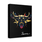 Black canvas wall art print of colorful abstract Taurus bull head with large curved horns, intense expression, geometric patterns, and cosmic splatters on dark background, featuring "Taurus" in elegant white cursive.