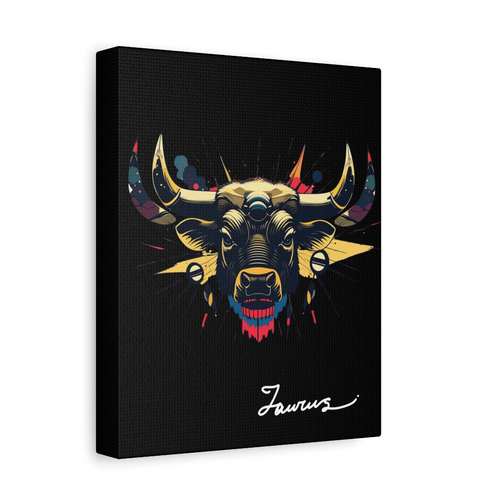 Black canvas wall art print of colorful abstract Taurus bull head with large curved horns, intense expression, geometric patterns, and cosmic splatters on dark background, featuring "Taurus" in elegant white cursive.