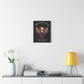 Black canvas wall art print featuring colorful abstract phoenix with spread wings and intense expression on dark background, arched white text "TRUST YOUR VISION" above and quote "Even when others can't see what you see" below. Modern motivational zodiac decor hung on white wall above console table with books and yellow lamp.