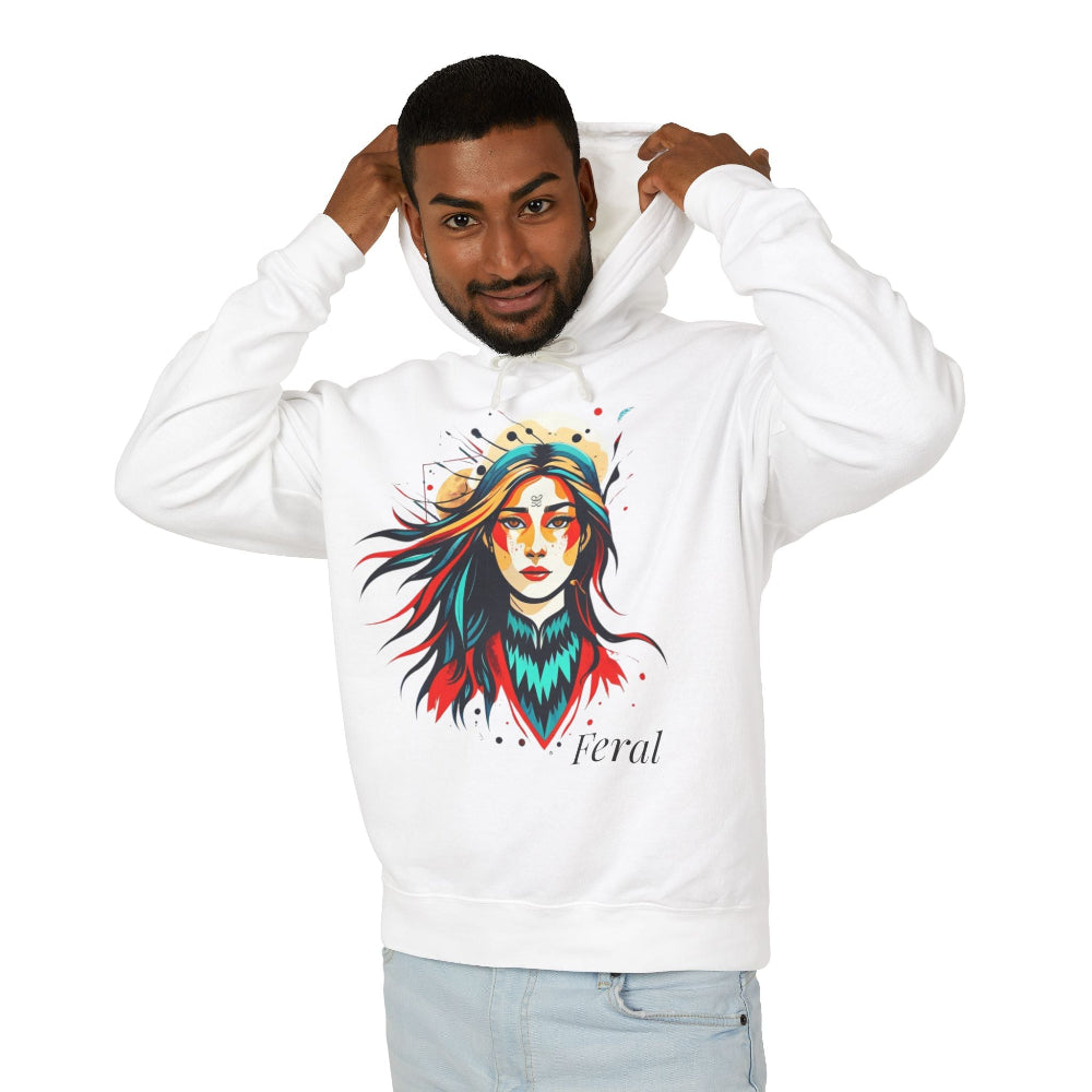 Young man with short hair pulling up the hood of a white hoodie featuring vibrant artistic print of a fierce woman with long flowing hair, red-orange armored top, colorful paint splash design, "Feral" text below