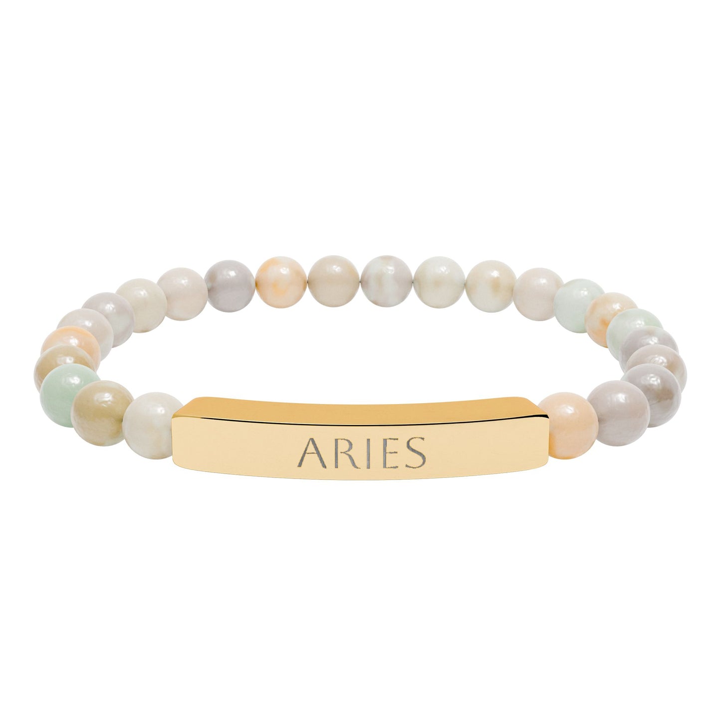 Bracelet with polished pastel beads in soft peach, cream, gray, and light blue tones with natural marbling, featuring a gold-plated curved bar engraved "ARIES" in uppercase letters. Stretch-fit zodiac-inspired crystal jewelry.