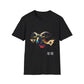 Black unisex cotton t-shirt featuring bold Year of the Goat zodiac graphic: vibrant abstract goat / ram head portrait with large curved horns, intense glowing eyes, geometric diamond accents, flowing beard details, and dynamic multicolored paint splatters in gold, red, blue, teal, orange, and black tones exploding outward. Chinese text "羊年" (Year of the Goat) printed below in white. Chinese New Year zodiac motivational crewneck tee.