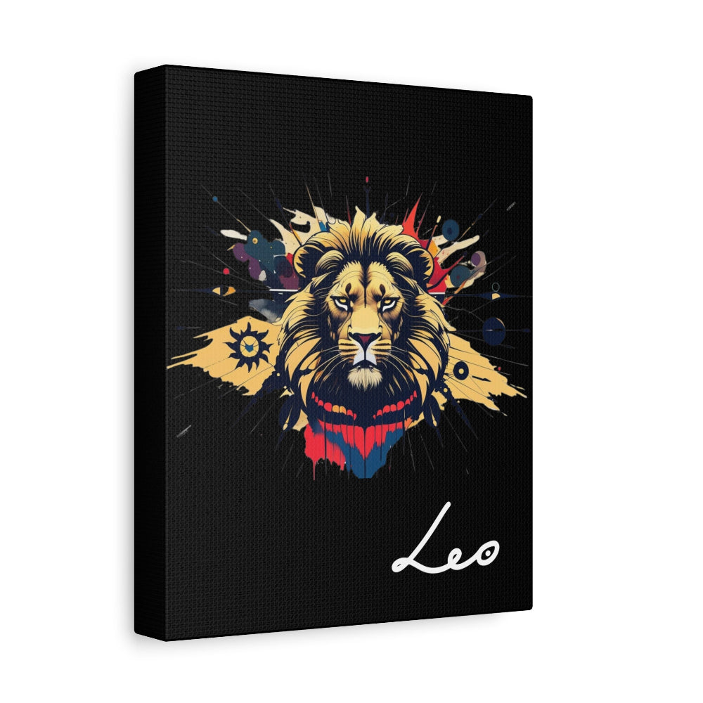 Canvas print with a colorful lion design and the word 'Leo' on a black background