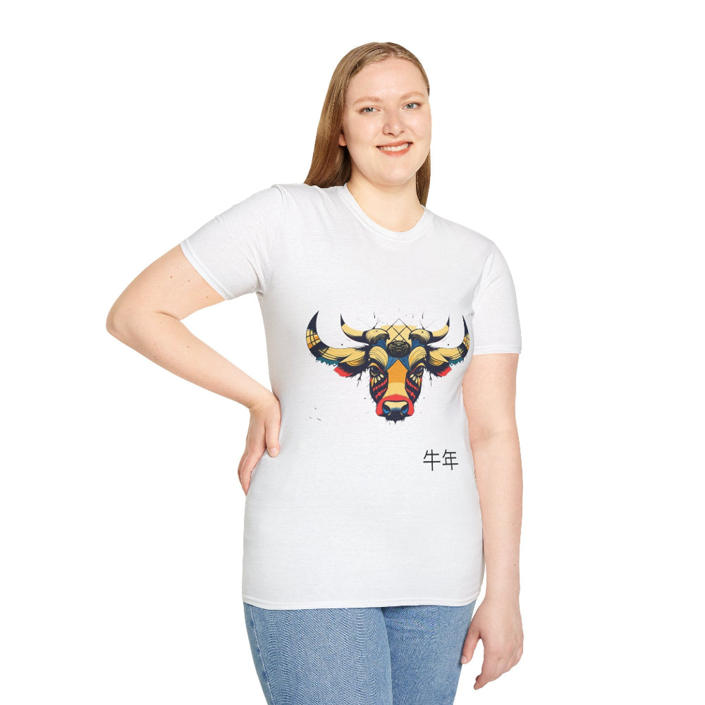 White unisex cotton t-shirt modeled by smiling plus-size female with long brown hair, hands on hips, featuring bold Year of the Ox graphic: vibrant abstract ox/bull face portrait with large curved horns, intense eyes, geometric patterns, and dynamic multicolored paint splatters in gold, red, blue, teal, and black tones exploding outward. Chinese text "牛年" (Year of the Ox) printed below in black. Zodiac Chinese New Year motivational crewneck tee.