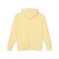 Back view of a plain yellow hoodie laid flat, showing the hood, long sleeves, ribbed cuffs, and hem. Blank back design perfect for customization. Classic unisex pullover hoodie.
