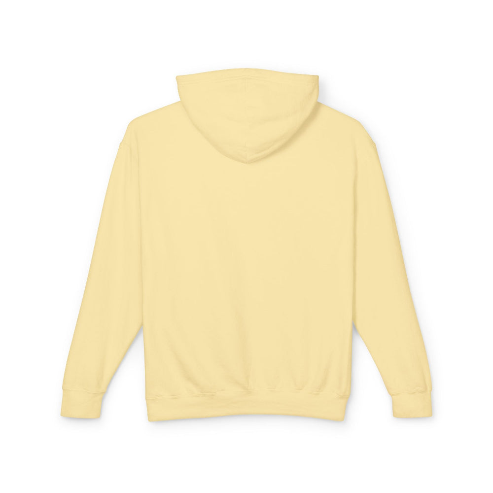 Back view of a plain yellow hoodie laid flat, showing the hood, long sleeves, ribbed cuffs, and hem. Blank back design perfect for customization. Classic unisex pullover hoodie.