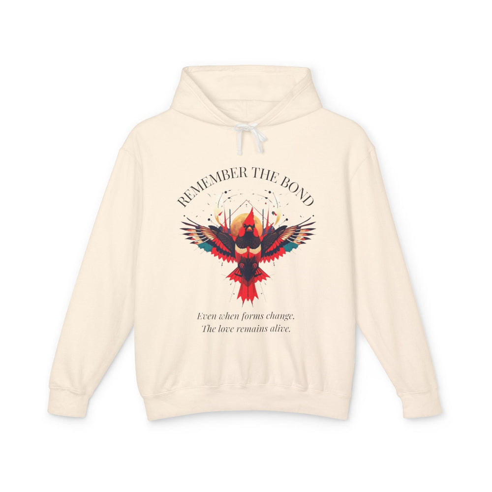 Cream hoodie with 'Remember The Bond' inspirational bird graphic and quote 'Even when forms change, The love remains alive' printed on the front.