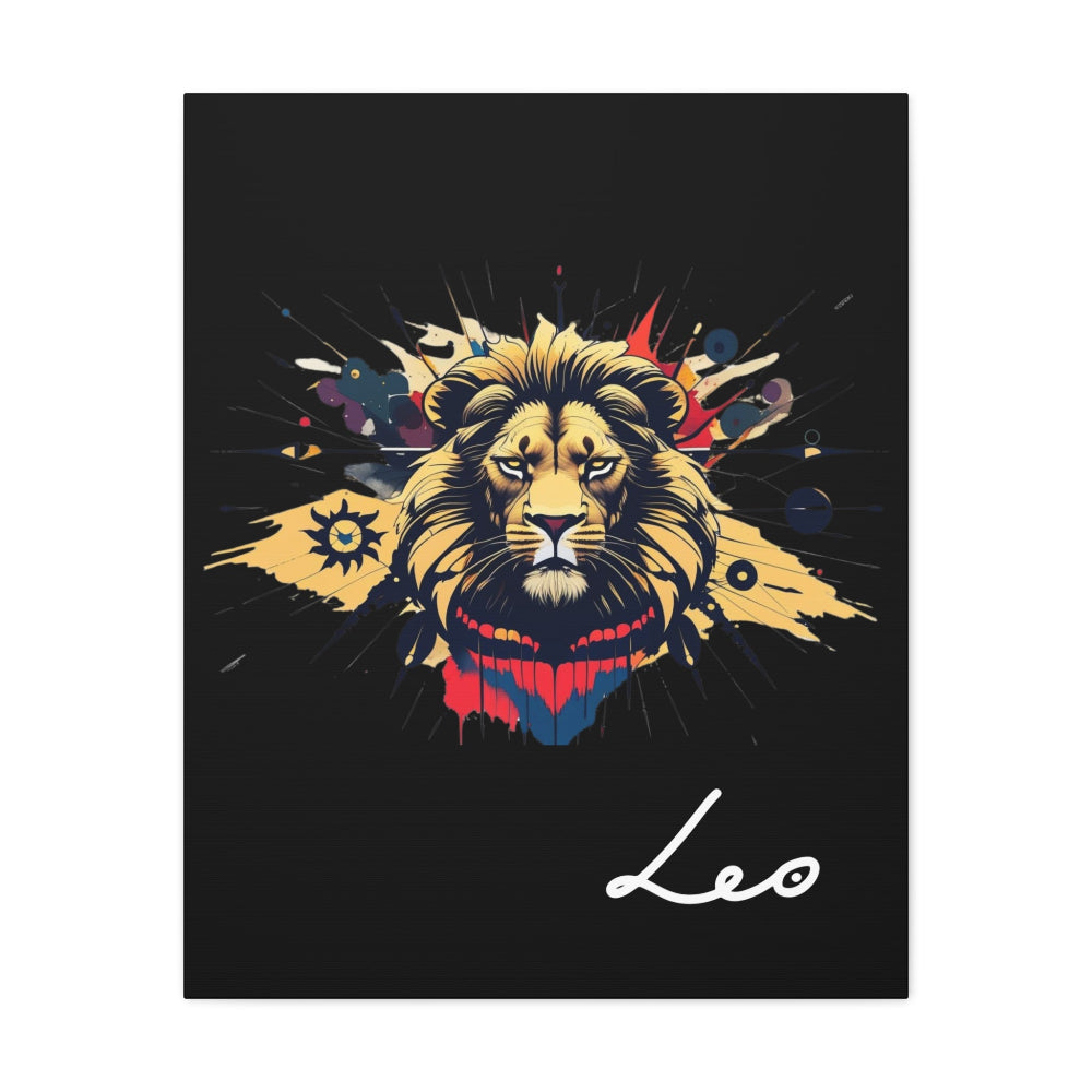 Close-up of Leo zodiac canvas art featuring a bold golden lion illustration with colorful cosmic splashes on black background and stylized Leo text