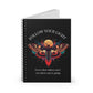 Notebook with a colorful abstract moth design, intense expression, geometric accents, and paint splatters on a black background, featuring the words "FOLLOW YOUR LIGHT" and quote "Even when others can't see where you're going, see with your own eyes".