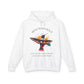 White hoodie with 'Move With Grace' inspirational hummingbird graphic and quote 'Even when the world accelerates, Your center remains steady' printed on the front.