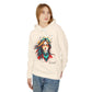 Young woman modeling cream hoodie with vibrant artistic portrait of a fierce woman with long multicolored flowing hair, teal and red face paint, colorful splash design, third-eye motif, "Feral" text below