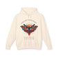 Cream hoodie with vibrant multicolored moth/butterfly graphic, geometric sun/moon elements, "FOLLOW YOUR LIGHT" arched text above, motivational quote "Even when others can't see where you're going" below