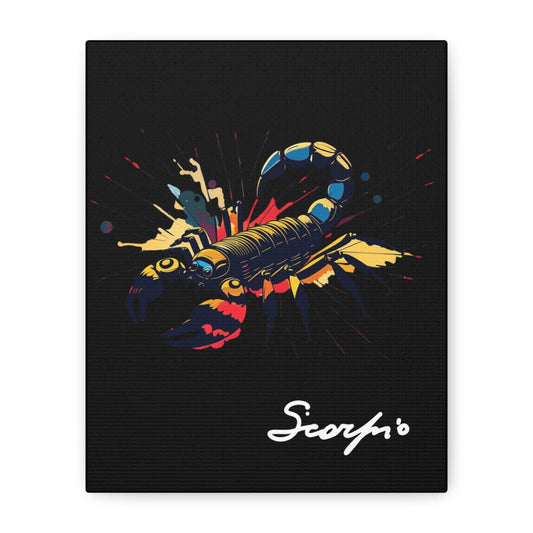 Close up of black canvas wall art print of colorful abstract Scorpio scorpion with raised stinger, intense eyes, intricate tail and pincers, geometric patterns, and cosmic splatters on dark background, featuring "Scorpio" in elegant white cursive.