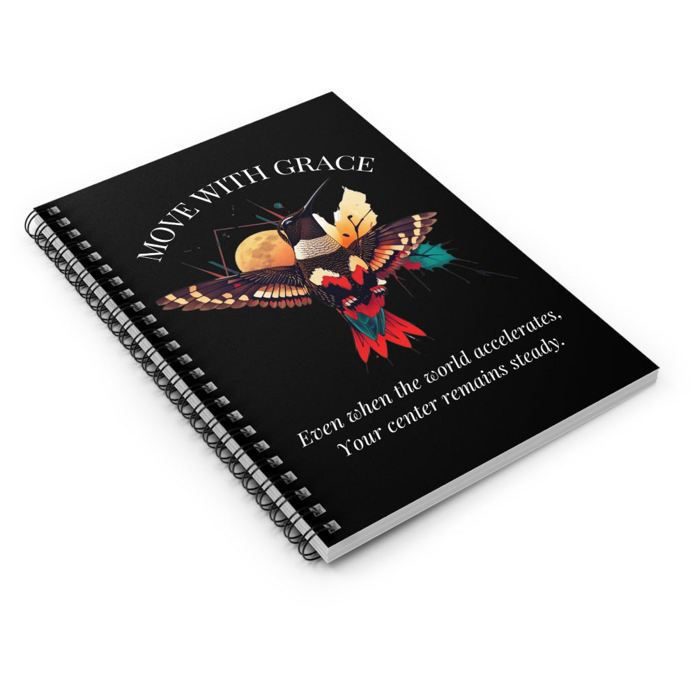 Move With Grace" black spiral notebook featuring a colorful hummingbird and moon graphic with an inspirational quote. Ideal for journaling and note-taking.