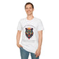 White unisex cotton t-shirt modeled by smiling man with short brown hair, featuring bold "Grounded Power" graphic: vibrant abstract bear head portrait with intense expression, colorful geometric accents, and dynamic paint splatters in red, orange, teal, blue, and gold around an orange moon. Arched white text "GROUNDED POWER" above and smaller quote "Even when life is overwhelming, your roots keep you steady" below. Motivational spiritual empowerment crewneck tee.