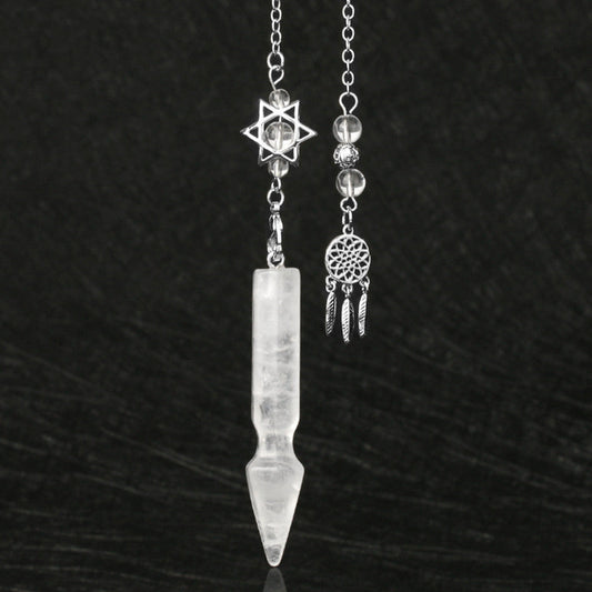 Silver pendulum with a long clear quartz crystal point, featuring a Star of David charm with clear quartz beads above. Beside it is a matching silver dreamcatcher charm with clear quartz beads and feather details. Crystal dowsing tool set.