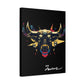 Black canvas wall art print of colorful abstract Taurus bull head with large curved horns, intense expression, geometric patterns, and cosmic splatters on dark background, featuring "Taurus" in elegant white cursive.