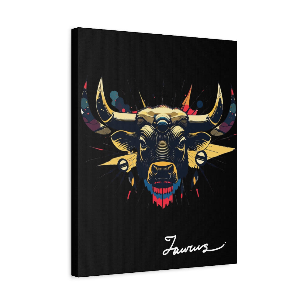 Black canvas wall art print of colorful abstract Taurus bull head with large curved horns, intense expression, geometric patterns, and cosmic splatters on dark background, featuring "Taurus" in elegant white cursive.