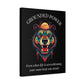 Black canvas wall art print of colorful abstract bear head with intense expression, flowing mane, geometric accents, and cosmic splatters on dark background. Arched white text "GROUNDED POWER" above and quote "Even when life is overwhelming, your roots keep you steady" below.