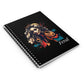 Notebook with a colorful abstract fierce woman portrait, wild flowing hair, tribal markings, geometric accents, and paint splatters on a black background, featuring the word "Feral".
