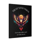 Black canvas wall art print featuring colorful abstract phoenix with spread wings and intense expression on dark background, arched white text "TRUST YOUR VISION" above and quote "Even when others can't see what you see" below. 