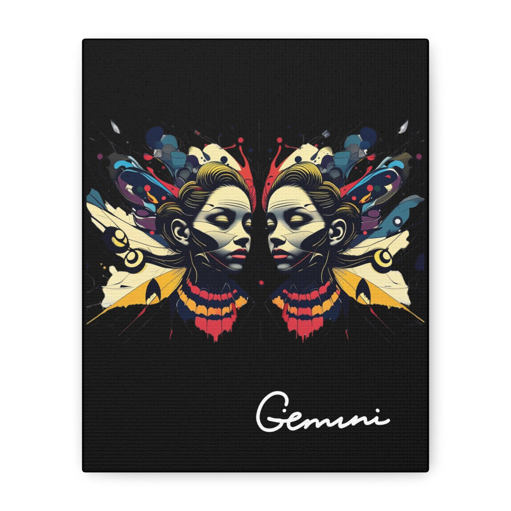 Close up of black canvas wall art print of colorful abstract Gemini twin faces with butterfly wings, cosmic accents, and paint splatters on dark background, featuring "Gemini" in elegant white cursive.