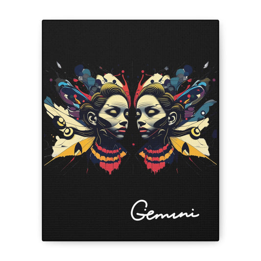 Close up of black canvas wall art print of colorful abstract Gemini twin faces with butterfly wings, cosmic accents, and paint splatters on dark background, featuring "Gemini" in elegant white cursive.