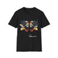 Black unisex cotton t-shirt featuring bold Gemini zodiac graphic: vibrant abstract twin female faces with flowing hair, intense expressions, geometric patterns, and dynamic multicolored paint splatters in gold, red, navy, teal, and black tones exploding outward to form butterfly wings. Elegant white cursive "Gemini" text below. Astrology zodiac motivational crewneck tee.
