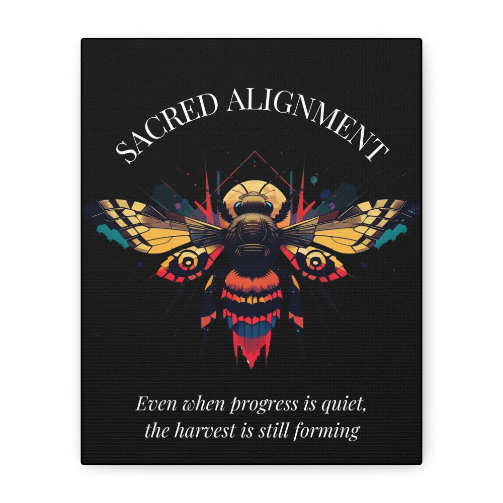 Close up of black canvas wall art print of colorful abstract sacred bee with detailed wings, geometric accents, and cosmic splatters on dark background. Arched white text "SACRED ALIGNMENT" above and quote "Even when progress is quiet, the harvest is still forming" below. 