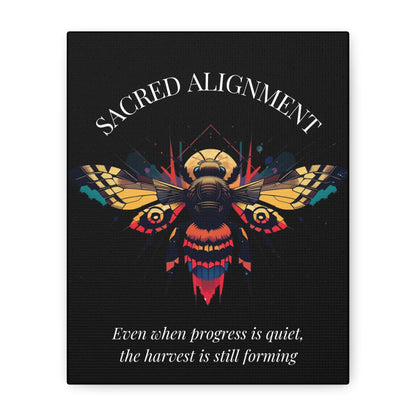 Close up of black canvas wall art print of colorful abstract sacred bee with detailed wings, geometric accents, and cosmic splatters on dark background. Arched white text "SACRED ALIGNMENT" above and quote "Even when progress is quiet, the harvest is still forming" below. 