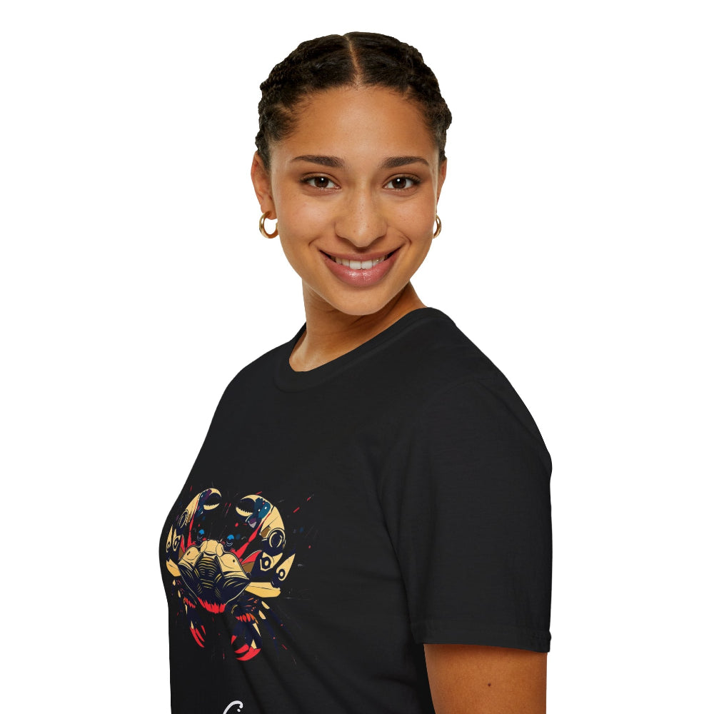 Black unisex cotton t-shirt in side profile on smiling woman with braided hair, featuring bold Cancer zodiac graphic on chest: vibrant abstract crab portrait with large claws, intense eyes, symmetrical geometric shell patterns, and dynamic multicolored paint splatters in gold, red, navy, teal, and black tones exploding outward. Elegant white cursive "Cancer" text below. Astrology zodiac motivational crewneck tee.
