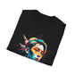 Black folded unisex cotton t-shirt featuring bold Primal graphic print: stylized intense man portrait with styled hair, vibrant multicolored geometric face in orange, teal, red, and blue, dynamic paint splatters and abstract shards exploding outward. Elegant white cursive "Primal" text below. Primal masculine energy motivational crewneck tee.