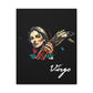 Close up of black canvas wall art print of colorful abstract Virgo woman holding wheat sheaf, serene expression, stylish hair, and cosmic splatters on dark background, featuring "Virgo" in elegant white cursive.
