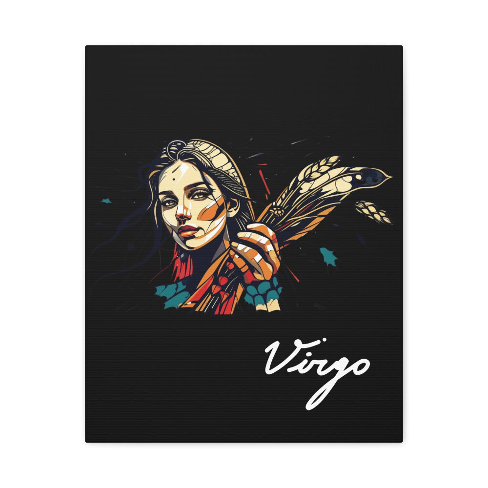 Close up of black canvas wall art print of colorful abstract Virgo woman holding wheat sheaf, serene expression, stylish hair, and cosmic splatters on dark background, featuring "Virgo" in elegant white cursive.