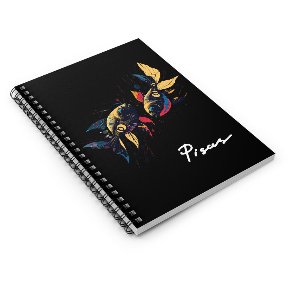 Notebook with Pisces zodiac design on a black cover
