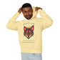 Young man with short hair pulling up the hood of a pale yellow hoodie featuring vibrant multicolored wolf head graphic, intense eyes in orange blue teal splashes, full moon above, "SHADOW GUIDE" arched text, motivational quote about intuition and fear below