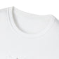 Close-up of white unisex cotton crewneck t-shirt collar: soft ribbed neckline, clean stitching, comfortable fit. Premium durable crew neck construction detail.