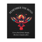 Remember The Bond" cardinal graphic art on a black vertical canvas. Inspirational memorial wall decor featuring a colorful bird illustration and white serif typography.