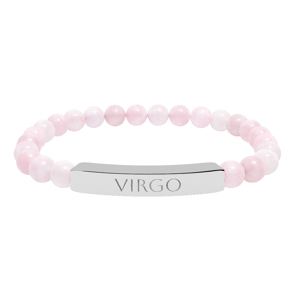 Bracelet with polished rose quartz beads in soft pink tones, natural translucent glow, paired with a silver curved bar engraved "VIRGO" in uppercase letters. Stretch-fit zodiac-inspired crystal jewelry.
