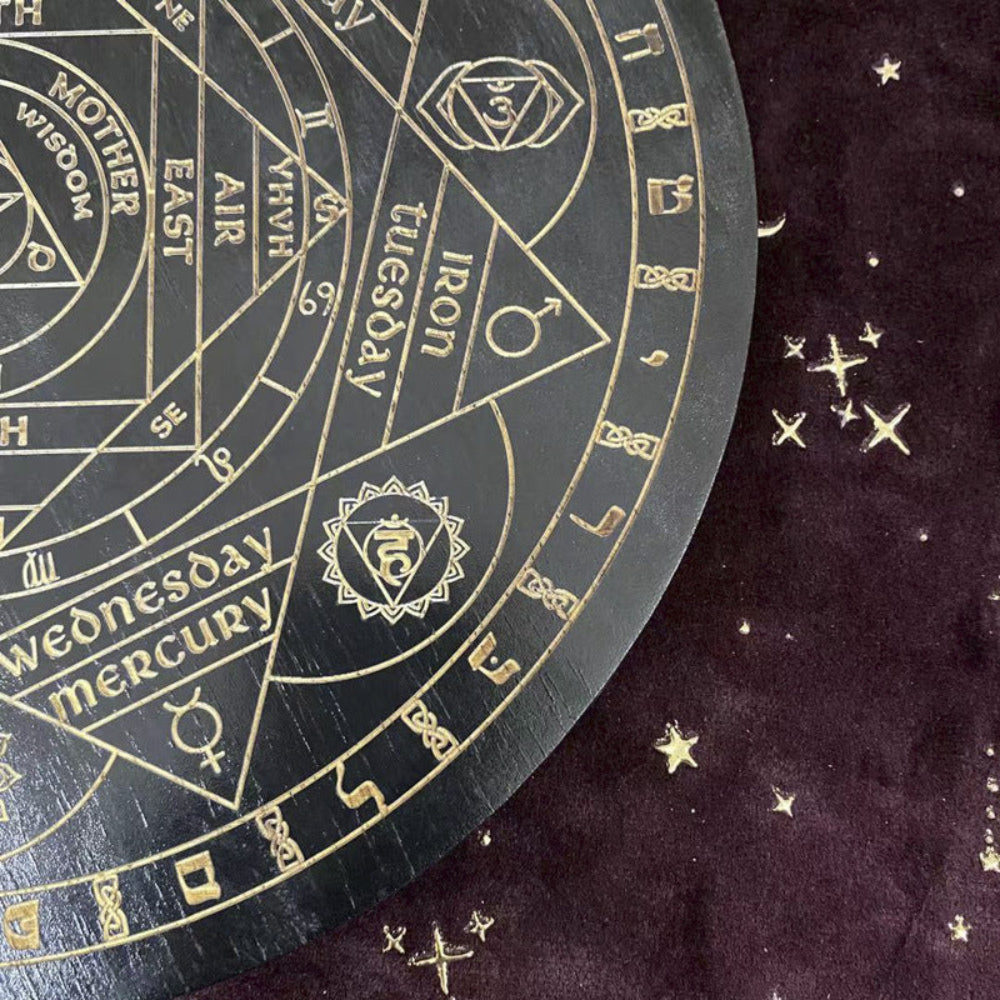 Close-up detail of a black and gold astrology wheel board showing planetary days (Tuesday - Iron, Wednesday - Mercury), directional elements (East - Air), and sacred symbols including the Om symbol and planetary glyphs. Intricate pagan divination tool on a dark starry background.