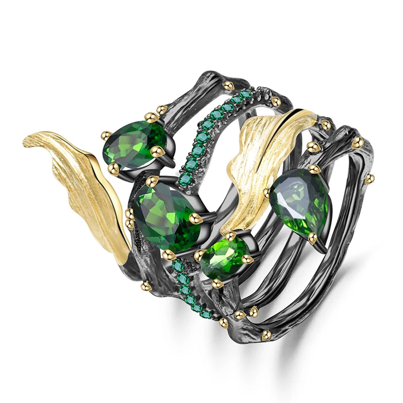925 Sterling Silver 2.26Ct Amethyst Garnet Agate Diopside Ring, Certified Neo-Gothic Handmade, Spiritual Fine Jewelry