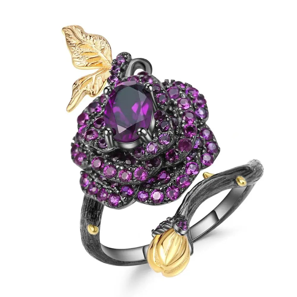 925 Sterling Silver 1.00Ct Rhodolite Garnet Rose Flower Ring